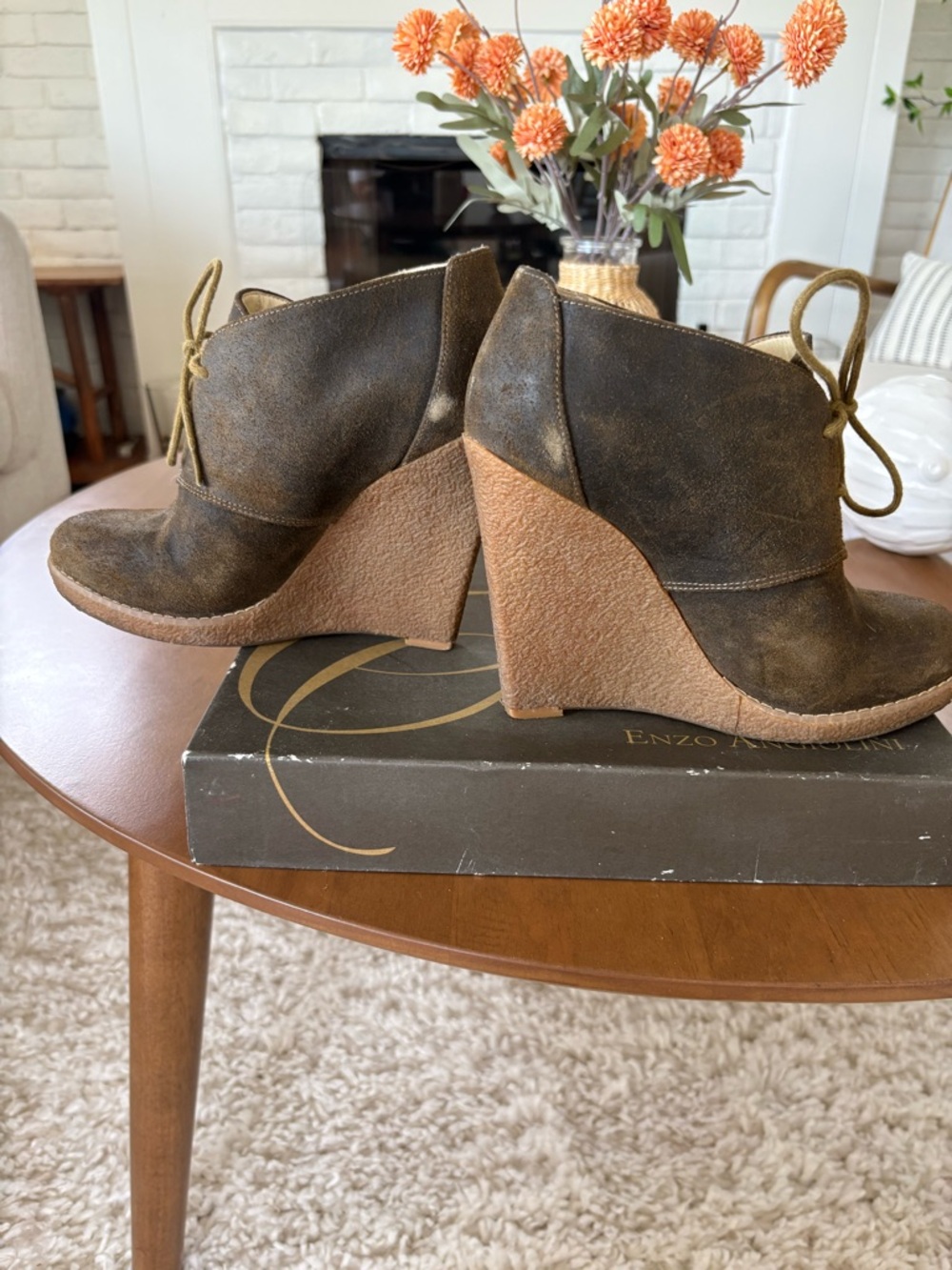 Enzo Angiolini Olive-Brown Suede Lace-Up Wedge Booties